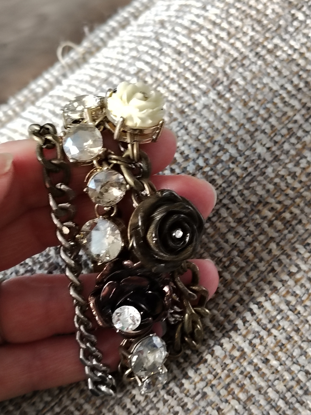 Floral Crystal Multi-Tone Bracelet in Cream and Bronze